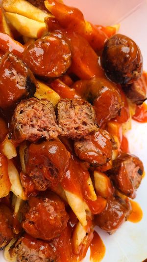 Vegan currywurst over fries at Schulz Bräu Brewing Company in Knoxville