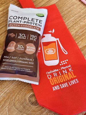 The protein shake comes with an extra packet of protein powder and a little bag!  at Cha Tra Mue - Maya in Chiang Mai