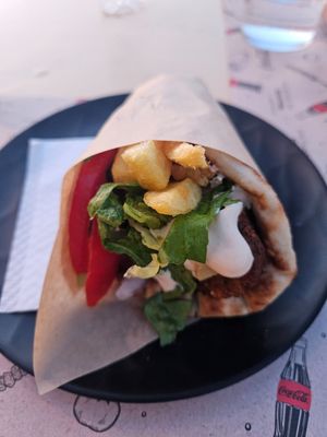 Falafel pita, fries inside! at Piperi Remastered in Naxos