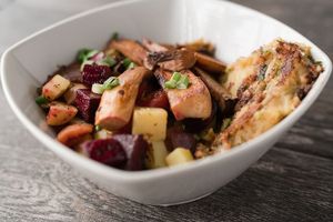 irish stew: brussels sprouts & kale mashed potatoes in local mushroom gravy, brussels, beets, king oyster mushroom at Zest Kitchen & Bar in Salt Lake City