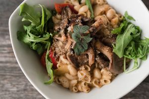 creamy pasta: our pasta of the day tossed in house made roasted red pepper-coconut bechamel sauce, fresh herbs, veggies
(dinner menu) at Zest Kitchen & Bar in Salt Lake City