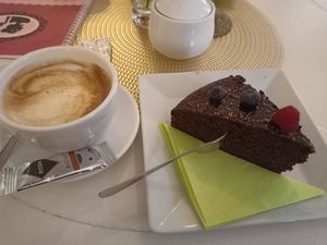 Choco cake and soy cappuccino at Barbarella Cafe in Aachen