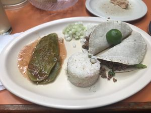 Nopales tacos and rice  at Orien's Vegetariano in Morelia