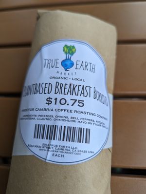 Pre-made vegan breakfast burrito. Warm up at the shop, or take it for later at Cambria Coffee in Cambria