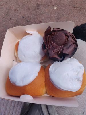 Vegan chocolate muffin, vegetarian lemon buns at Botham's of Whitby Baxtergate in Whitby