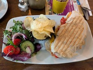 Roast veg and homemade hummus ciabatta at Glossop Garden Centre Cafe in Glossop