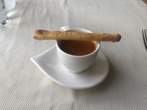 Little gazpacho mini-starter on the house  at Red in Rhodes