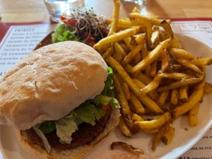 Lunch the next day. Homemade vegan burger, fries, and a small salad.  at le Café de la Comédie in Carcassonne