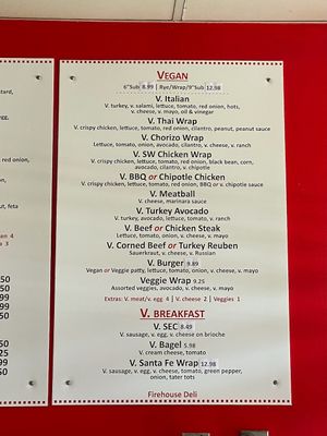 Vegan menu, Oct. 2024 at Firehouse Deli in Gaithersburg