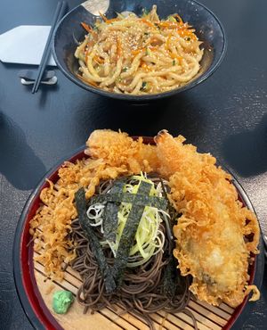 Cold Soba noodle salad with Tempura and Udon noodle bowl with vegetables   at Mikado in Strasbourg