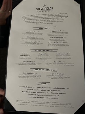 Menu with vegan/vegetarian section  at Steve Fields Steakhouse in Plano