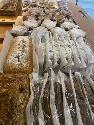 Coffee date and walnuts 
Banana bread
Blueberry muffins 
Apple and cinnamon muffins  at Wapping Sourdough in East London