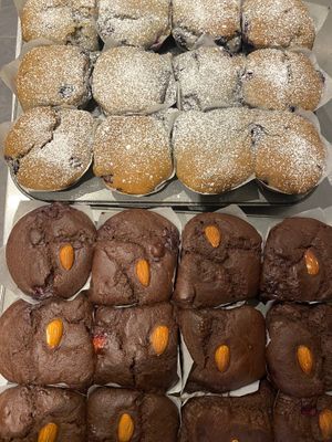 Blueberry and chocolate cherry almond muffins  at Wapping Sourdough in East London