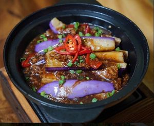 Stew Eggplant with Plant based minced at Clover Plant Based Kitchen & Bar  in Central Singapore