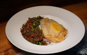 Plant based Krapow over rice at Clover Plant Based Kitchen & Bar  in Central Singapore