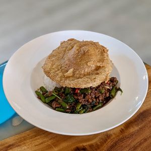 Vegan Thai Pad Kra Pao Gai over Rice at Clover Plant Based Kitchen & Bar  in Central Singapore