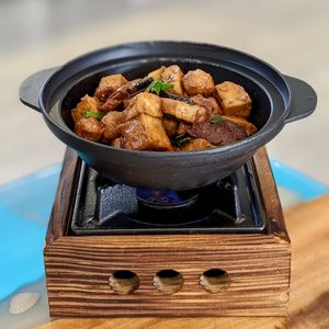 Vegan Claypot Tofu with Plant-Based Chicken Chunks & Salted Fish at Clover Plant Based Kitchen & Bar  in Central Singapore