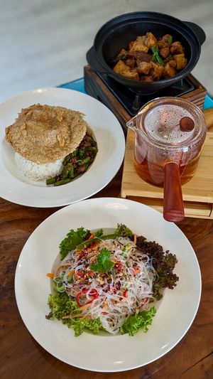 Vegan Glass Noodle Salad, Thai Pad Kra Pao Gai over Rice, Claypot Tofu with Plant-Based Chicken Chunks & Salted Fish at Clover Plant Based Kitchen & Bar  in Central Singapore