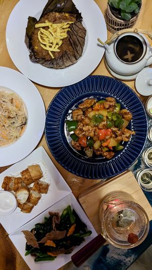 Vegan Teapot Mushroom Soup, Lotus Leaf Steamed Rice, Sweet & Sour Pork, Beefless Stir Fry Kailan, Sotong Youtiao, Calamansi Tea at Clover Plant Based Kitchen & Bar  in Central Singapore
