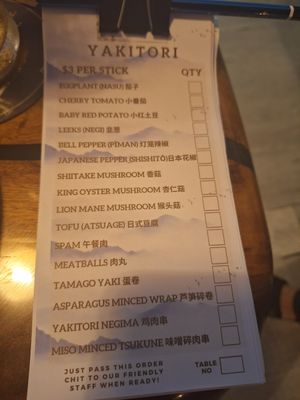 Yakitori choices at Clover Plant Based Kitchen & Bar  in Central Singapore