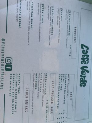 Drink menu  at Caffè Verde  in Courtenay