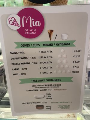Prices - June 2024 (Vegan Mandorla Special ice cream was +€0.30 as it was a special)  at Mia Gelateria in Crete