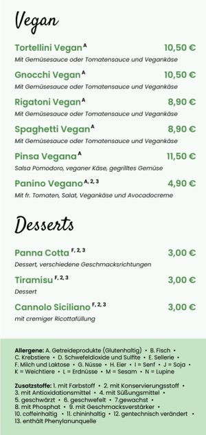 Vegane Optionen der Speisekarte at Bottega dei Sapori in Worms