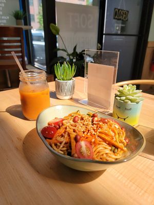 Spicy Cold Ramen with refreshing Thai Tea. at Ramen O'Bowl in Cambridge