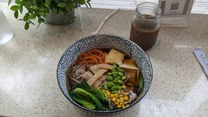 Shoyu ramen and Thai iced coffee at Ramen O'Bowl in Cambridge