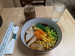 Shoyu ramen with a Vietnamese coffee at Ramen O'Bowl in Cambridge