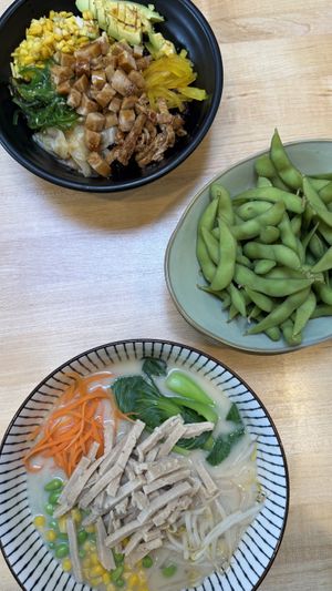 Ramen, edamame y rice bowl  at Ramen O'Bowl in Cambridge
