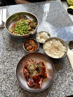 Japchae, sweet and spicy tofu (Dubu Twigim)  at Bap & Dak in Brussels