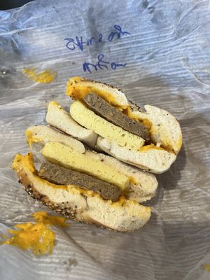 Sausage egg and cheese everything bagel  at Shmagel's Bagels in Ocean City