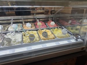 Plant based fruit sorbets (except coconut), plus dark chocolate (not on this picture )  at Bar Duomo in Cefalu