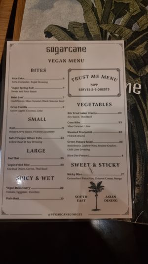 Vegan menu available in request at Sugarcane Restaurant in Coogee