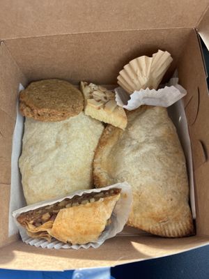 Hand pies (pumpkin and strawberry rhubarb)  , almond cookie, molasses cookie, orange maple baklava (also got a peanut butter cup and almond needham that didn’t make the photo..)  at Little Lads in Corinth