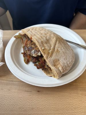  meetball pocket w/ peppers and onions at Little Lads in Corinth