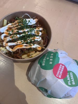 Dirty fries and vegan chick’n burger   at Beer + Burger in North London