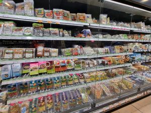 Vegan products in fridge at Denns BioMarkt in Koblenz