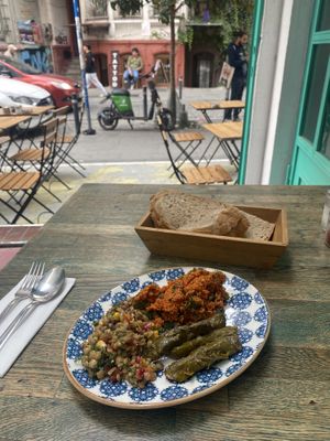 A plate with 3 vegan mezze  at Leylak Cafe in Istanbul