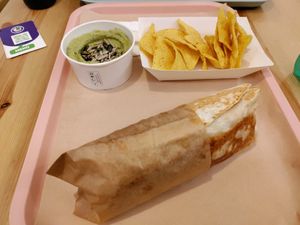 Kebab and pea and mint hummus with corn chips at Green M'ama in Naples