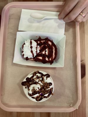 Red velvet cake - tastes like Cadbury jam rolls 🤤 and soft scoop Nutella - yummmm  at Green M'ama in Naples