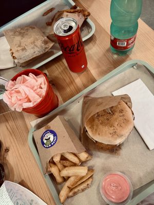 Vegan cauli burger & side of fries   at Green M'ama in Naples