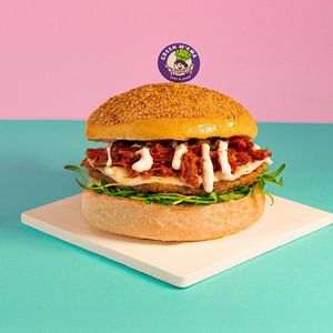 Mama Bun: eggplant, tomatoes, arugula, cashew and almond provolone, and garlic mayo at Green M'ama in Naples