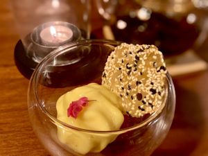 Course 7 Watermelon with passionfruit foam  at Cuisine Wat Damnak in Siem Reap