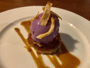 Course 8 sweet potato icecream with cassava pancake  at Cuisine Wat Damnak in Siem Reap