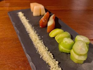 Bonus fruit course with chilli salt  at Cuisine Wat Damnak in Siem Reap