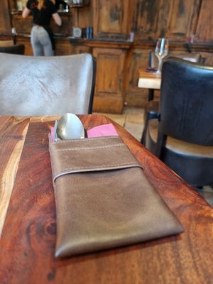 Cutlery in leather (like?) Pocket at Casa Di Kaspi in Bruges