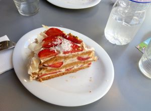 Strawberry tofucream coconut and almonds so yummy  at Aux Deux Portes Cafe in Geneva