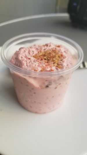 Strawberry creamy dessert at Aux Deux Portes Cafe in Geneva